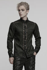 Black Lapel Collar Long Sleeves Stitching Pin Mesh Men's Punk Blouse